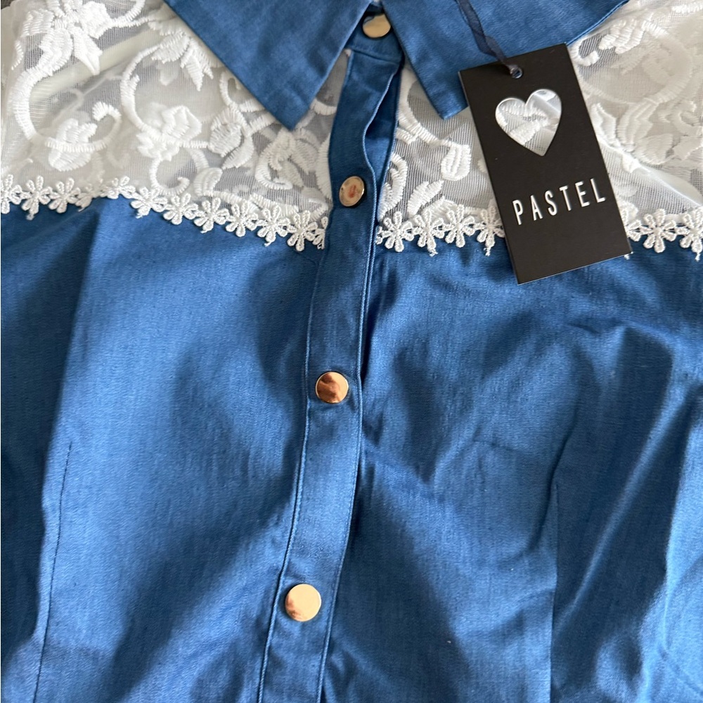 Pastels Clothing Blue and White Lace Blouse